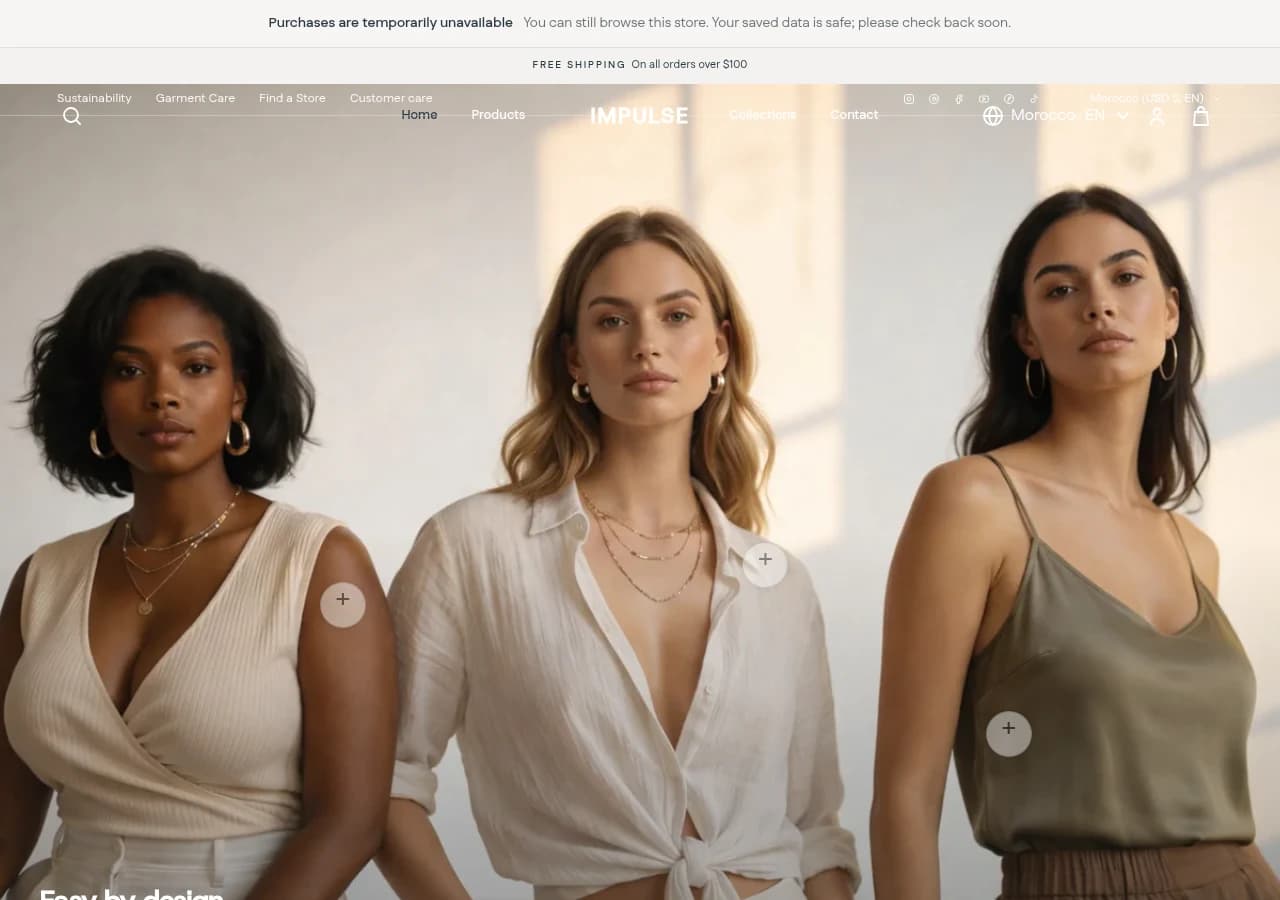 Impulse Fashion storefront: editorial photography, product collections, and store navigation