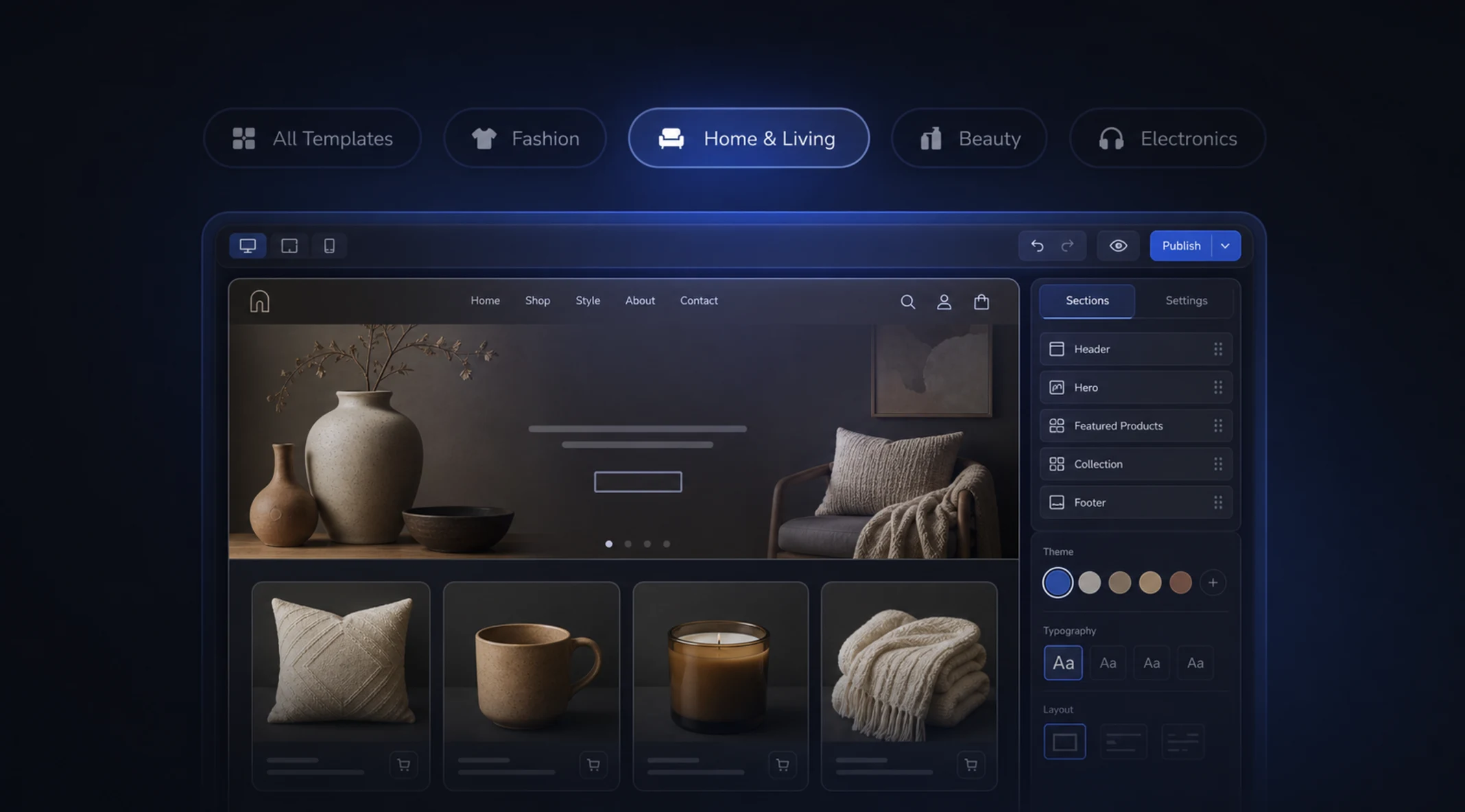 Mercanest website builder showing a home and living storefront with editable sections and theme controls