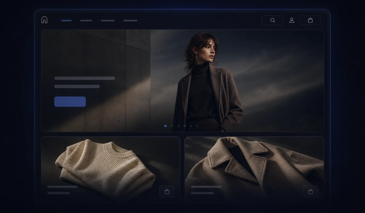 Dark fashion storefront with an editorial hero and clothing products