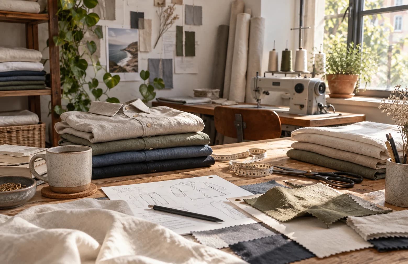 Illustrative independent apparel studio with linen and sewing tools