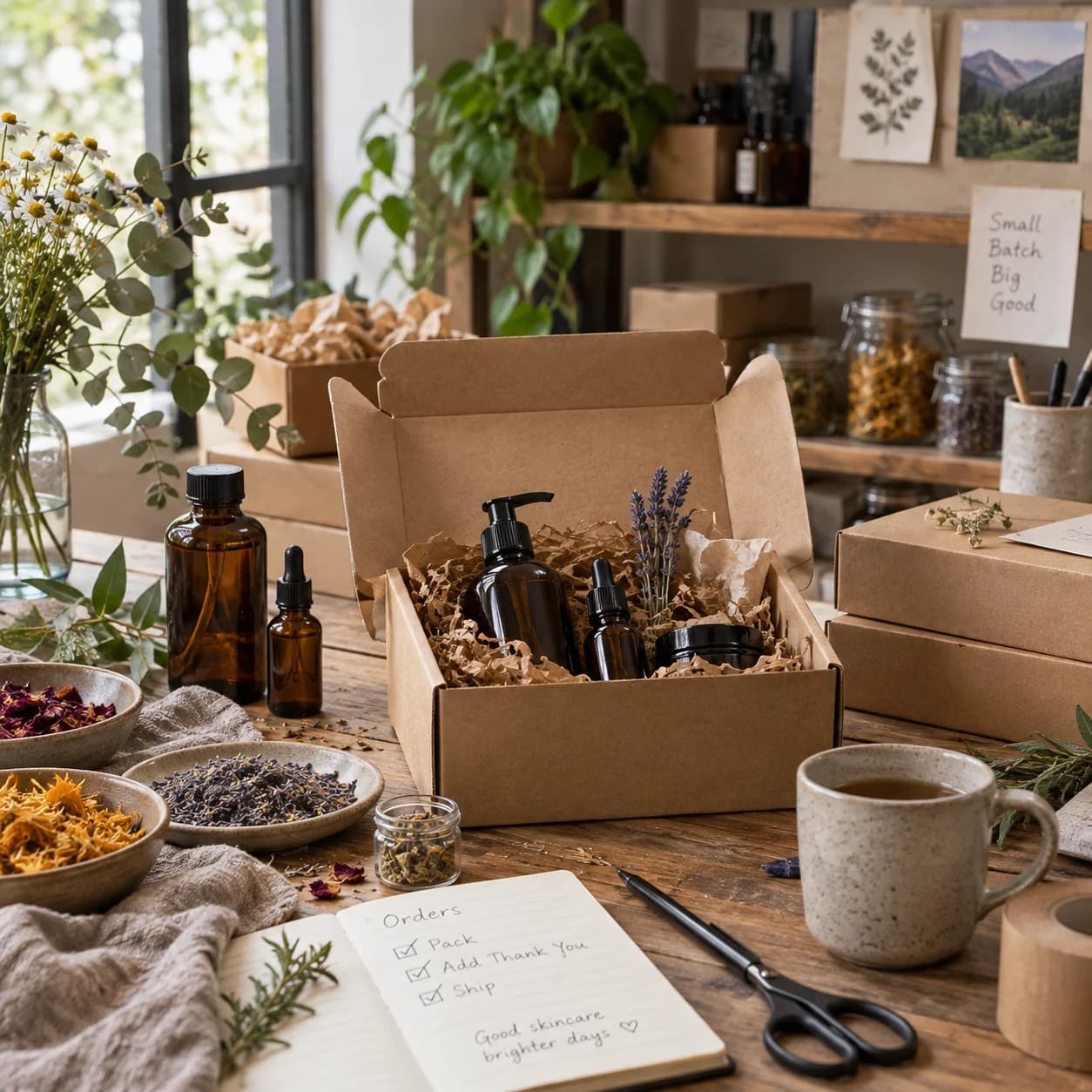 Illustrative skincare seller's packing table