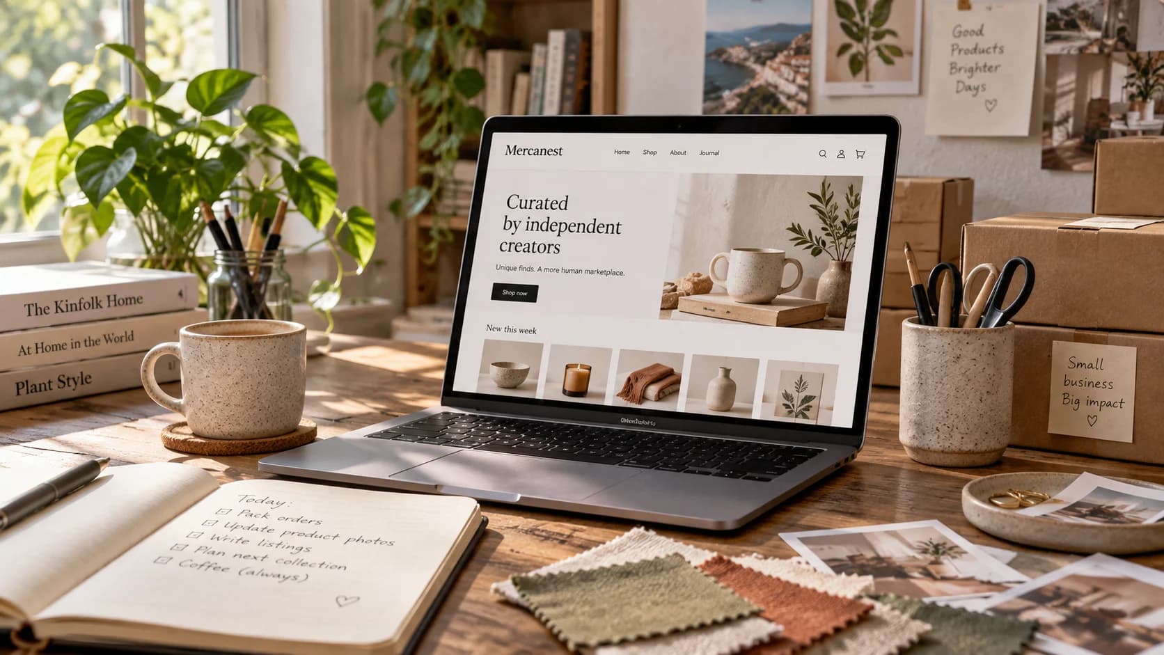 Illustrative seller studio with a Mercanest storefront on a laptop