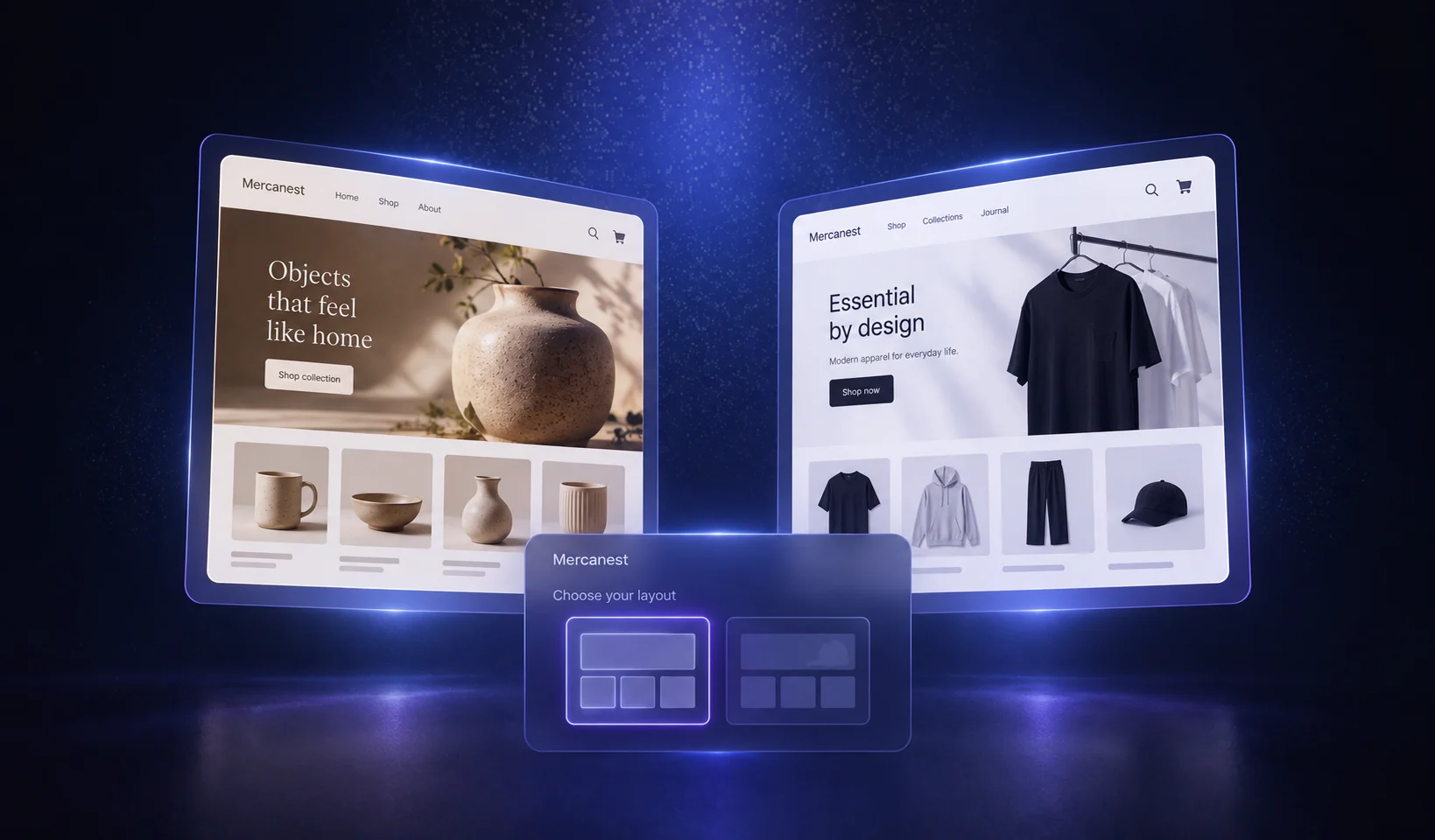 Two distinct storefront layouts for choosing a theme
